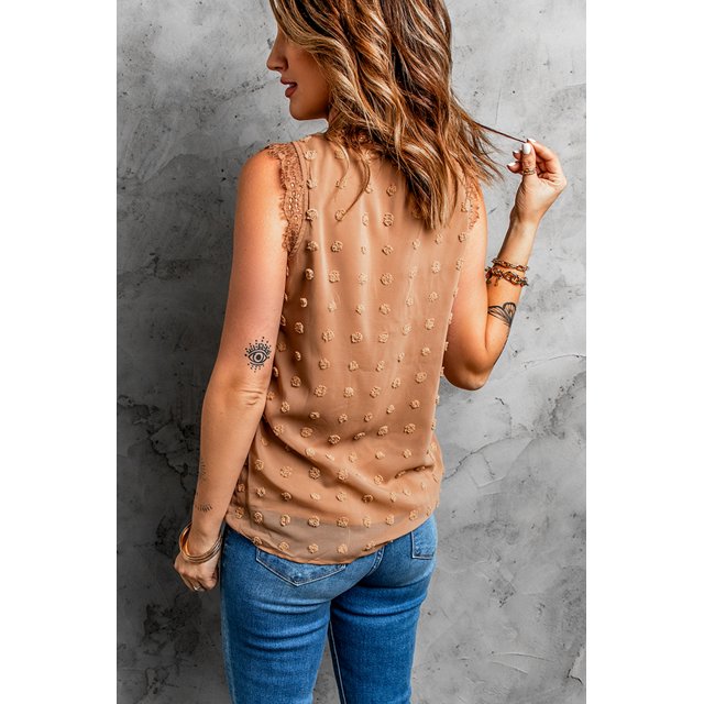 ABPHQTO Camiseta sin mangas con cuello en V y costuras de encaje con puntos suizos marrones para mujer