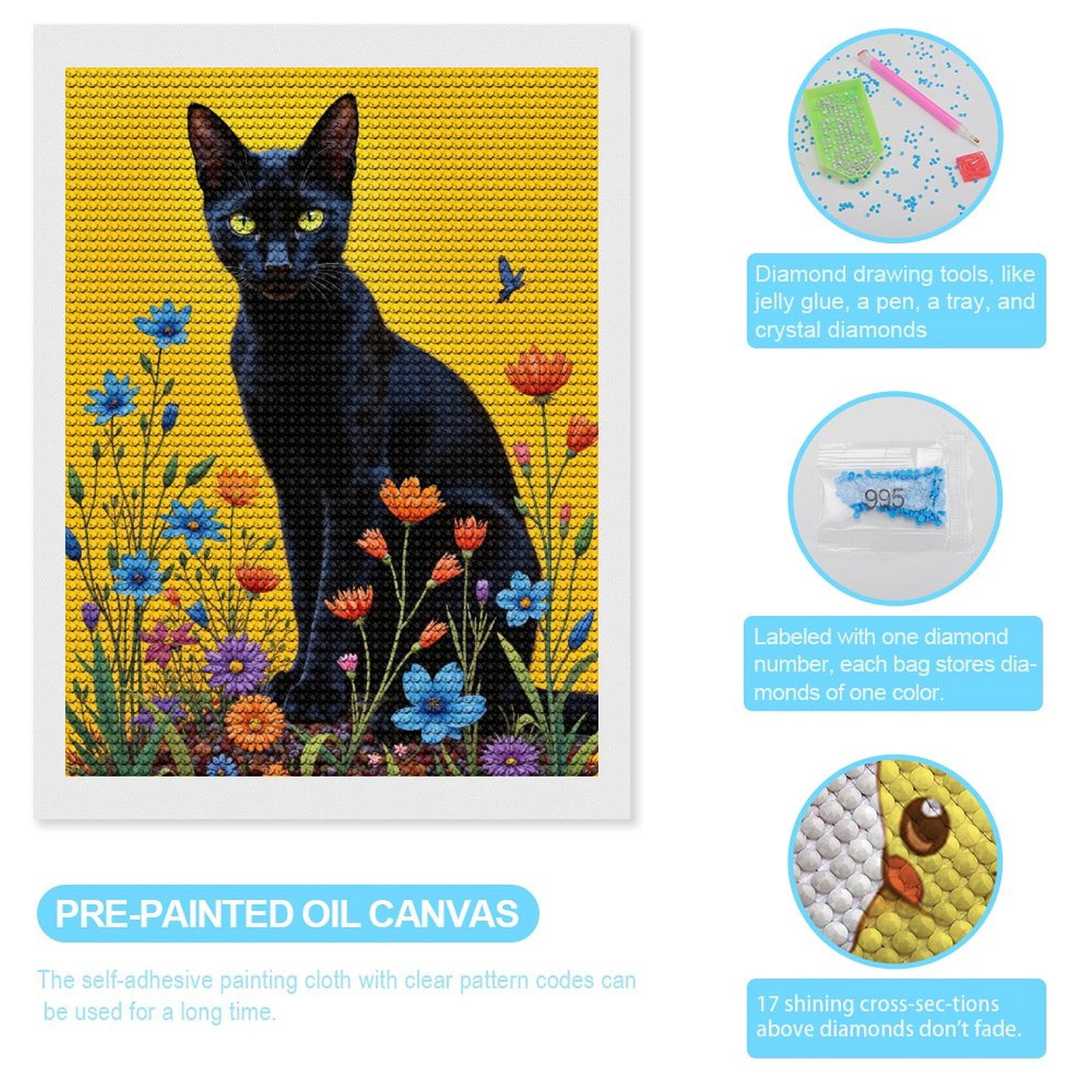 Diamond Art Kits for Adults, Cat Floral Vibrant Background Butterfly 5D Diamond Painting Kits for Adults Beginners, DIY Full Drill Diamond Painting, Gem Art and Crafts 12x16