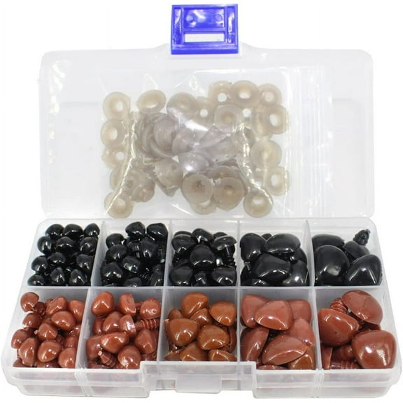 130pcs 8/9/10/15/16mm Black and Brown Plastic Safety Nose D-Shape Craft Nose DIY Nose with Washers for Teddy Bear Doll Plush Animal Puppet Crafts