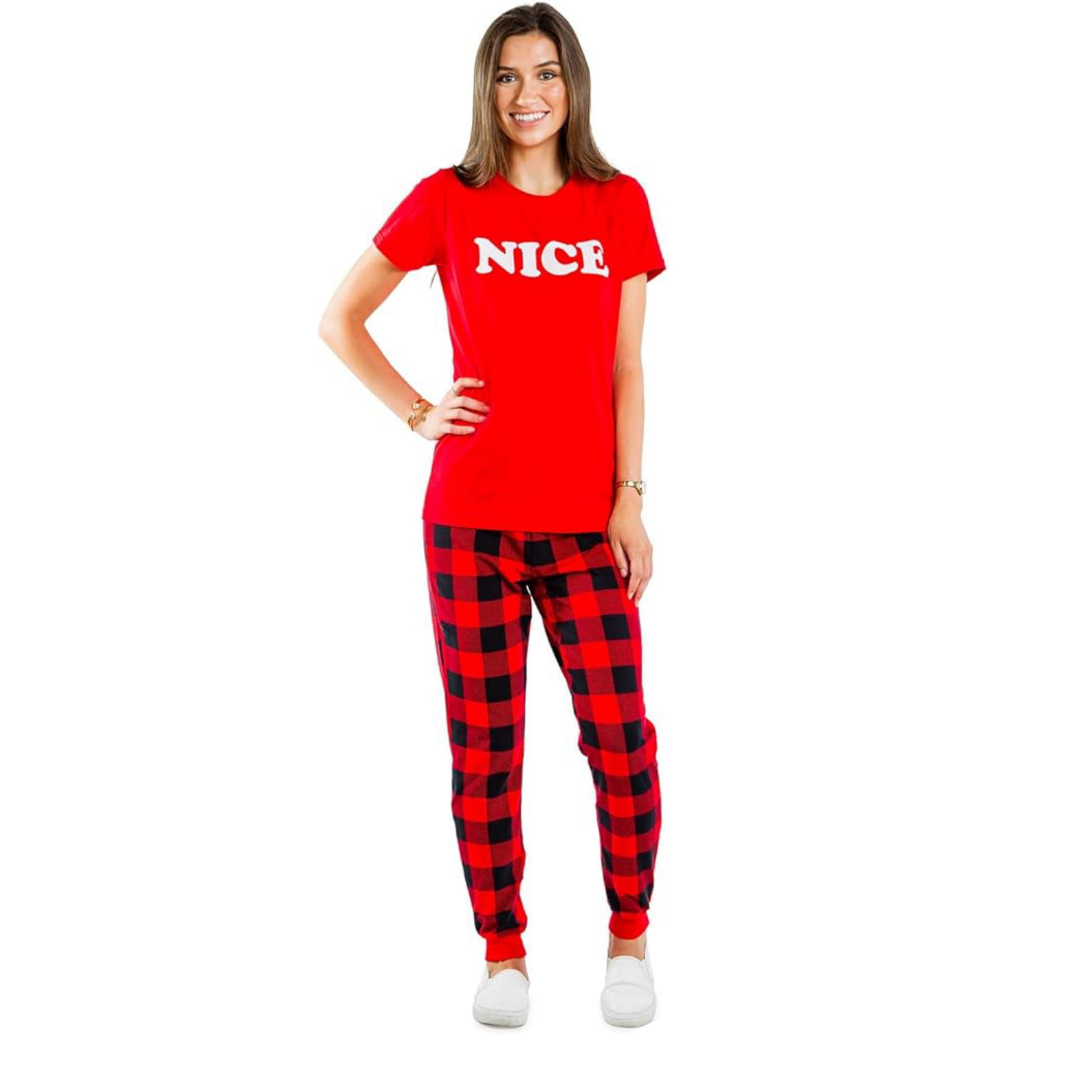 Tipsy Elves Christmas Holiday Pajama Set - Ladies Small "Nice" with Short Sleeve Shirt & Plaid PJ Pants