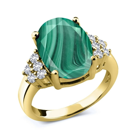 Gem Stone King 6.40 Ct Green Malachite White Created Sapphire 18K Yellow Gold Plated Silver Ring (Size 9)
