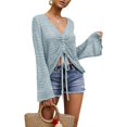 thumbnail image 2 of XINQIHANG Womens Boho Off Shoulder Sheer Crop Tops Bell Sleeve Flowy Oversized Crochet Ruched Pullover Sweaters, 2 of 4