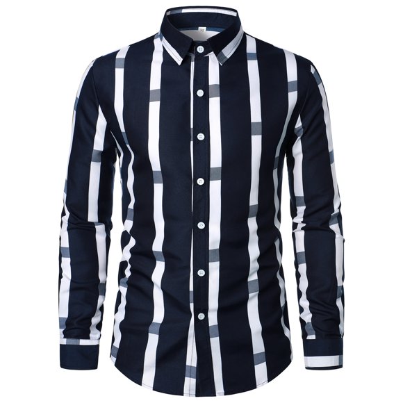 PMUYBHF Male Graphic Tees Men Vintage 90S Streetwear Men Casual Stripe Print Shirt Long Sleeve Turndown Collar Blouse Shirt