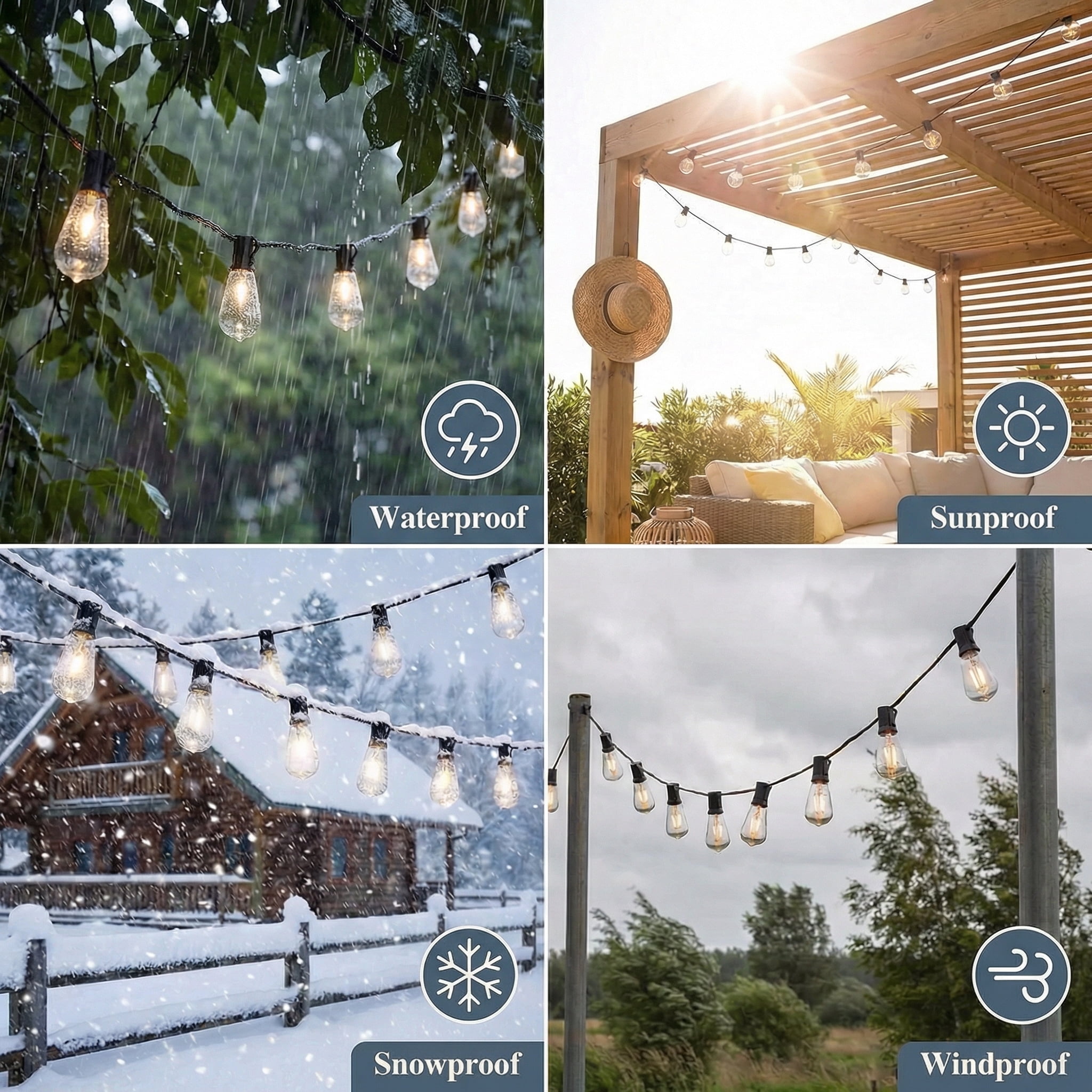 Nordic Hygge LED Outdoor String Lights 100FT Patio Lights with 52 Shatterproof ST38 Vintage Edison Bulbs
