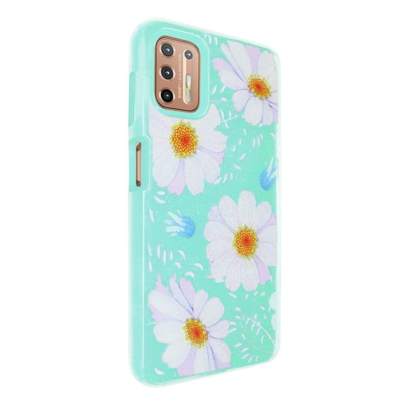 Funda de diseño doble capa Selicell con vidrio 9D para Motorola Moto G9 plus Margaritas fondo menta