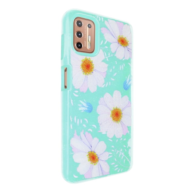 Funda de diseño doble capa Selicell con vidrio 9D para Motorola Moto G9 plus Margaritas fondo menta