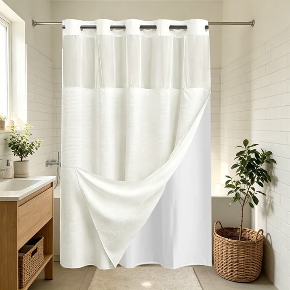 No Hooks Polyester Textured Shower Curtain with Snap-in Fabric Liner Set, Hotel Luxury Decor Shower Curtains for Bathroom with See Through Top Window, Waterproof & Washable, 71Wx75H,White