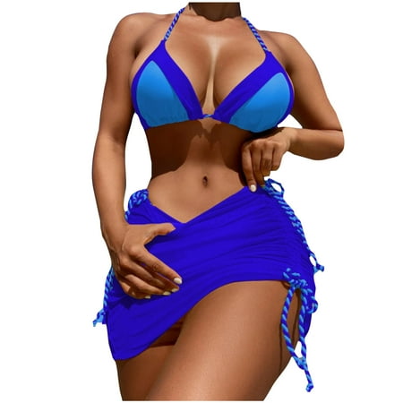 3 Piece Swimsuit for Women Sexy Halter Triangle Bikini Set with Drawstring Beach Coverup Skirt Matching Bathing Suit