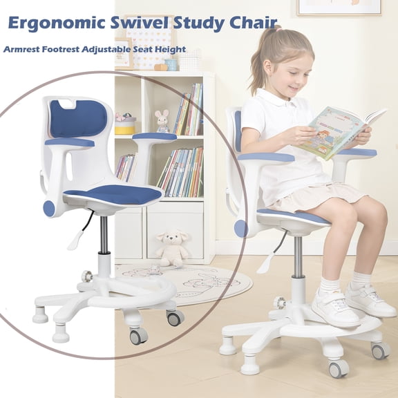 Tereitr Ergonomic Kids Desk Chair with Adjustable Height Armrest Footrest, 360° Swivel Children Study Chair for Boys Girls Home School Study Bedroom (Blue)