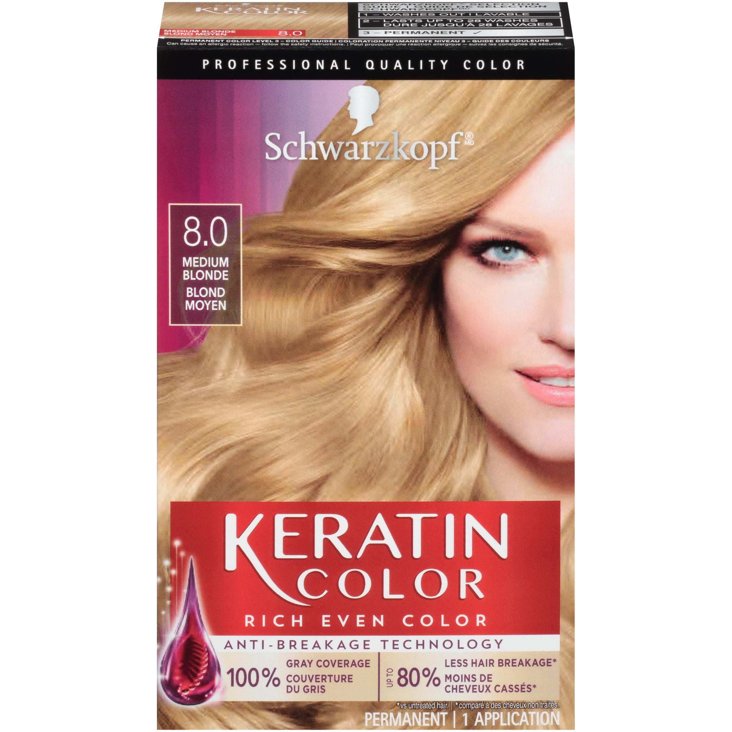 Schwarzkopf Keratin Color Permanent Hair Color Cream, 8.0 Medium Blonde -