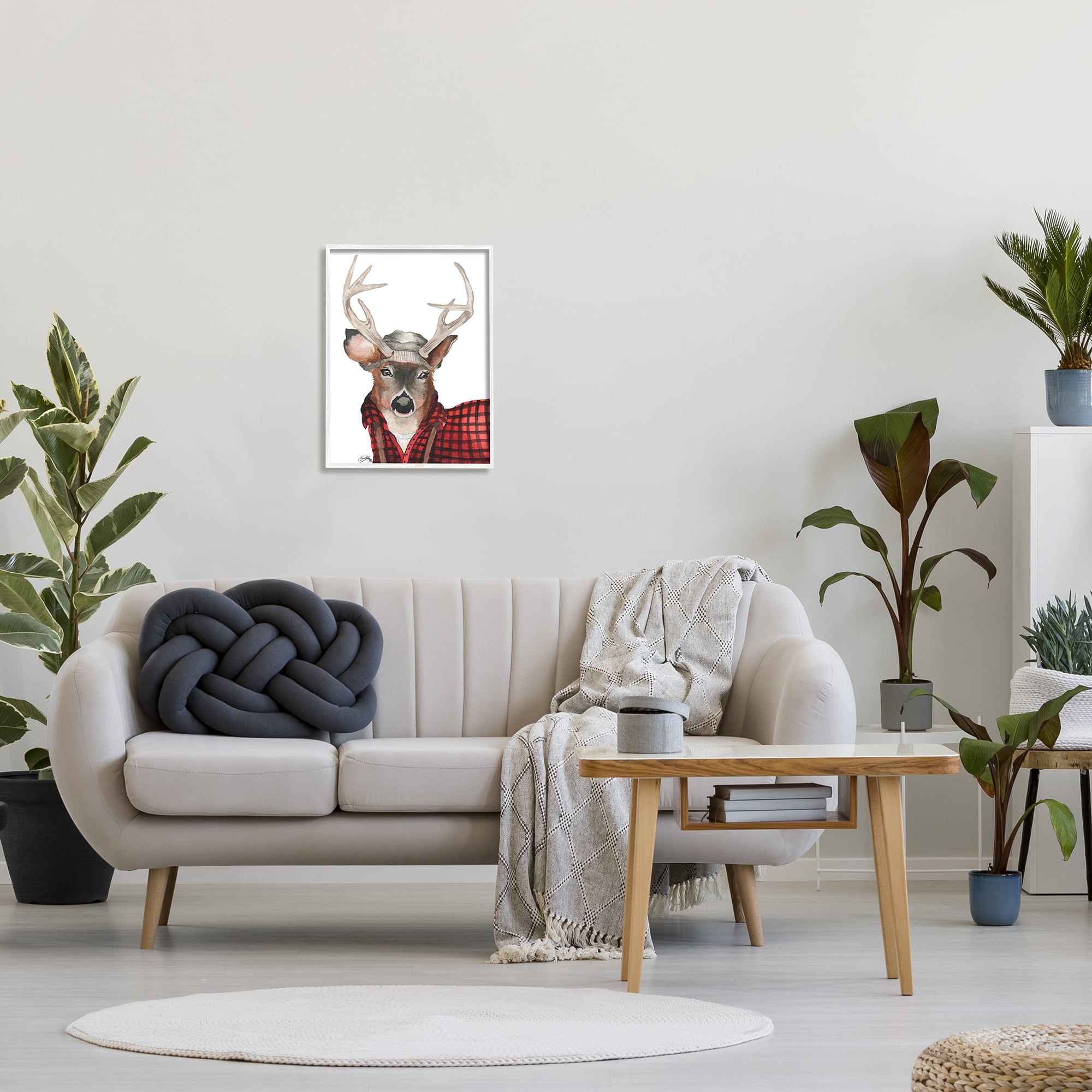 Stupell Industries Lumberjack Buck Deer with Beanie Red Plaid Cabin Painting White Framed Art Print Wall Art, 16 x 20, Design by Elizabeth Medley