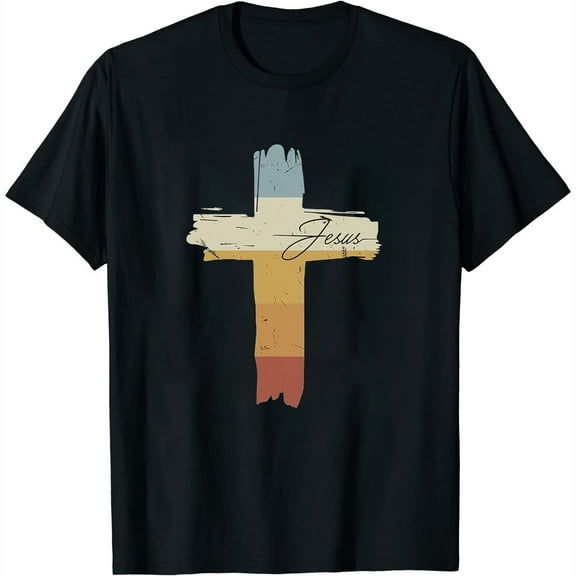 Womens Jesus Vintage Print Faith Cross Faith God Church Religion Round Neck T-Shirt Black Small