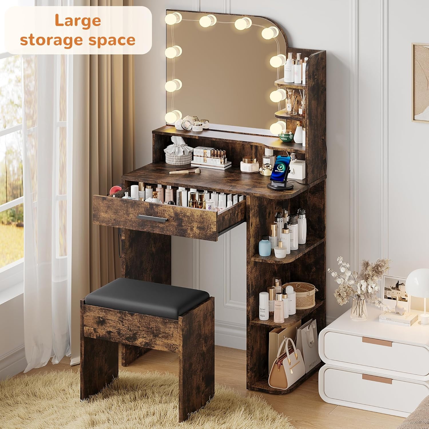 makeapile Makeup Vanity with Chair, Small Vanity Desk with Mirror , Lights 3 Colors and Power Outlet, Compact Vanity Table for Small Space, Vintage Brown