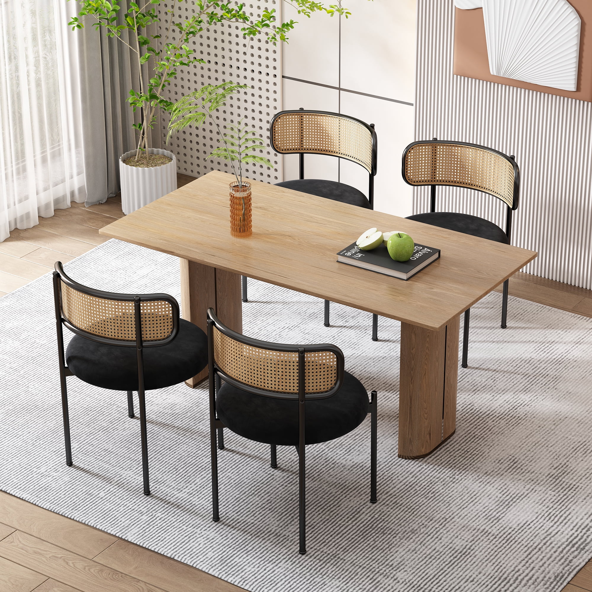 Noble House Set of 4 Velvet Dining Chairs with PE Rattan Backrest, Sturdy Metal Legs,Black+Natural