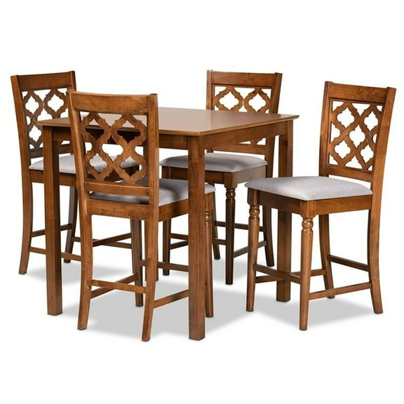 Bowery Hill Grey Fabric Upholstered and Brown Finished Wood 5-Piece Pub Set