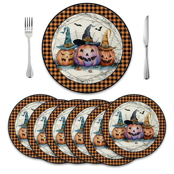 MIZHONA Halloween Pumpkins Round Placemats Set of 6 Fall Thanksgivings Table Mat 14 inch for Kitchen Dining Table Decoration