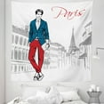 thumbnail image 1 of Fashion Tapestry, Paris Urban Street Scenery Male Model in Jacket Smart Causal Eiffel Tower, Fabric Wall Hanging Decor for Bedroom Living Room Dorm, 5 Sizes, Grey Dark Pink Blue, by Ambesonne, 1 of 1