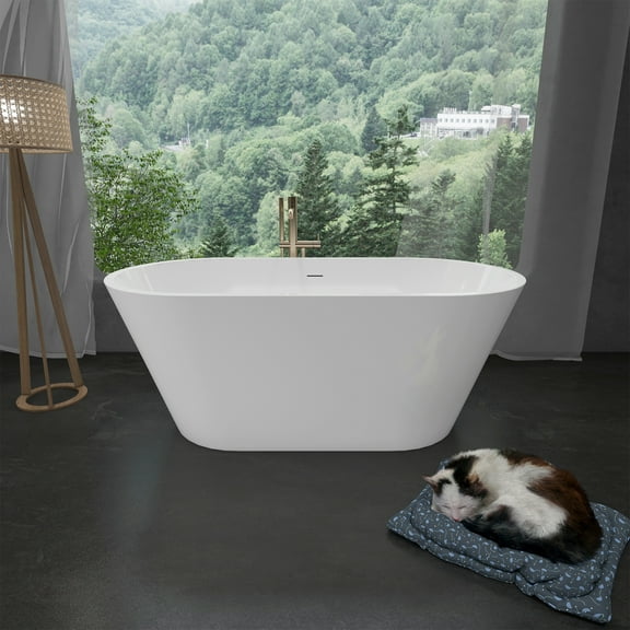 SOTUBX Free Standing Tub 59" Deep Soaking Bath Tub Contemporary Acrylic Freestanding Bathtub with Overflow and Pop-up Drain A24 Stand Alone Bathtub Glossy White Soaker Tub Upgraded Stand Alone Tub