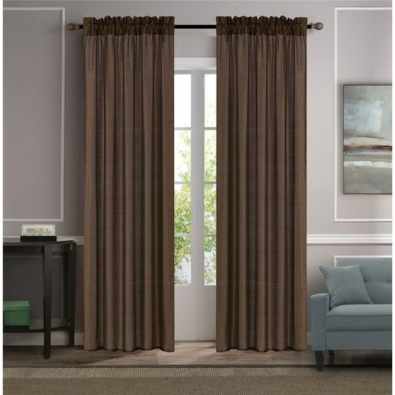 Set of 2 Terri Faux Silk Rod Pocket Top Curtains, 63" Long, Brown