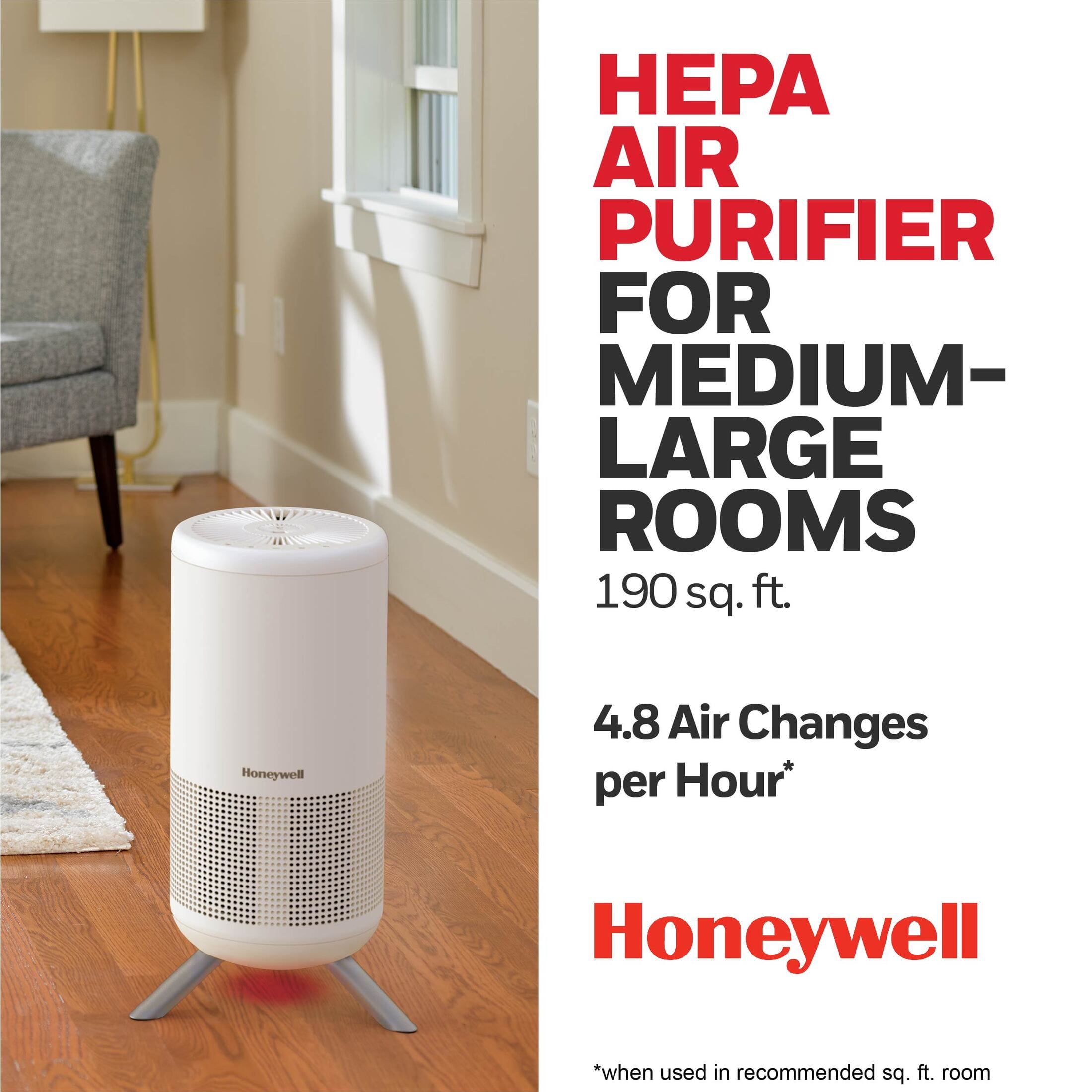 Honeywell Designer Series Air Purifier for Home, 190 Sq ft, HEPA filter, White, Smoke, Pollen, Dust Reducer