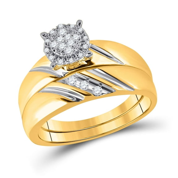 10K Yellow Gold His Hers Round Diamond Cluster Matching Wedding Set 1/5ctw, Womens Size: 5-10, Mens Size: 7-13
