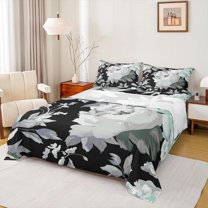 Homewish Romantic Rose Flower Queen Sheet Sets, Leaf Plant Botanical Flat Sheet, Black Grey Oil Printing Queen Fitted Sheet, Microfiber Bedroom Decor, 4pcs
