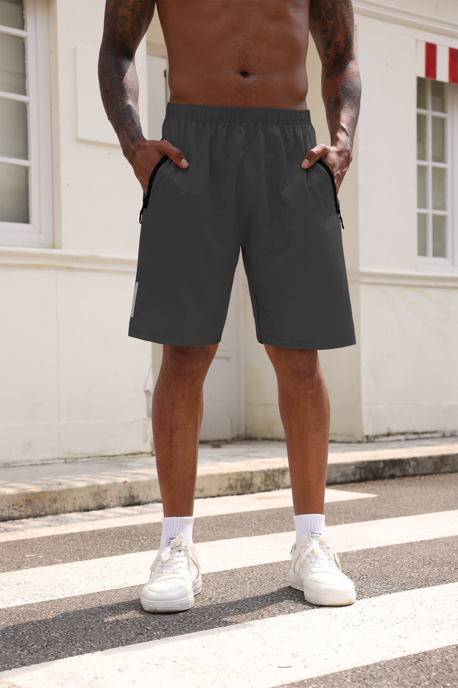 3 Pack Men's Athletic Shorts Set with Zipper Pockets Elasticated Waistband Quick Dry Workout Shorts for Basketball