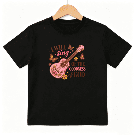 I Will Sing Girls Graphic Tee, Retro Guitar Flower Christian 100% Cotton Kids Short Sleeve T-Shirt
