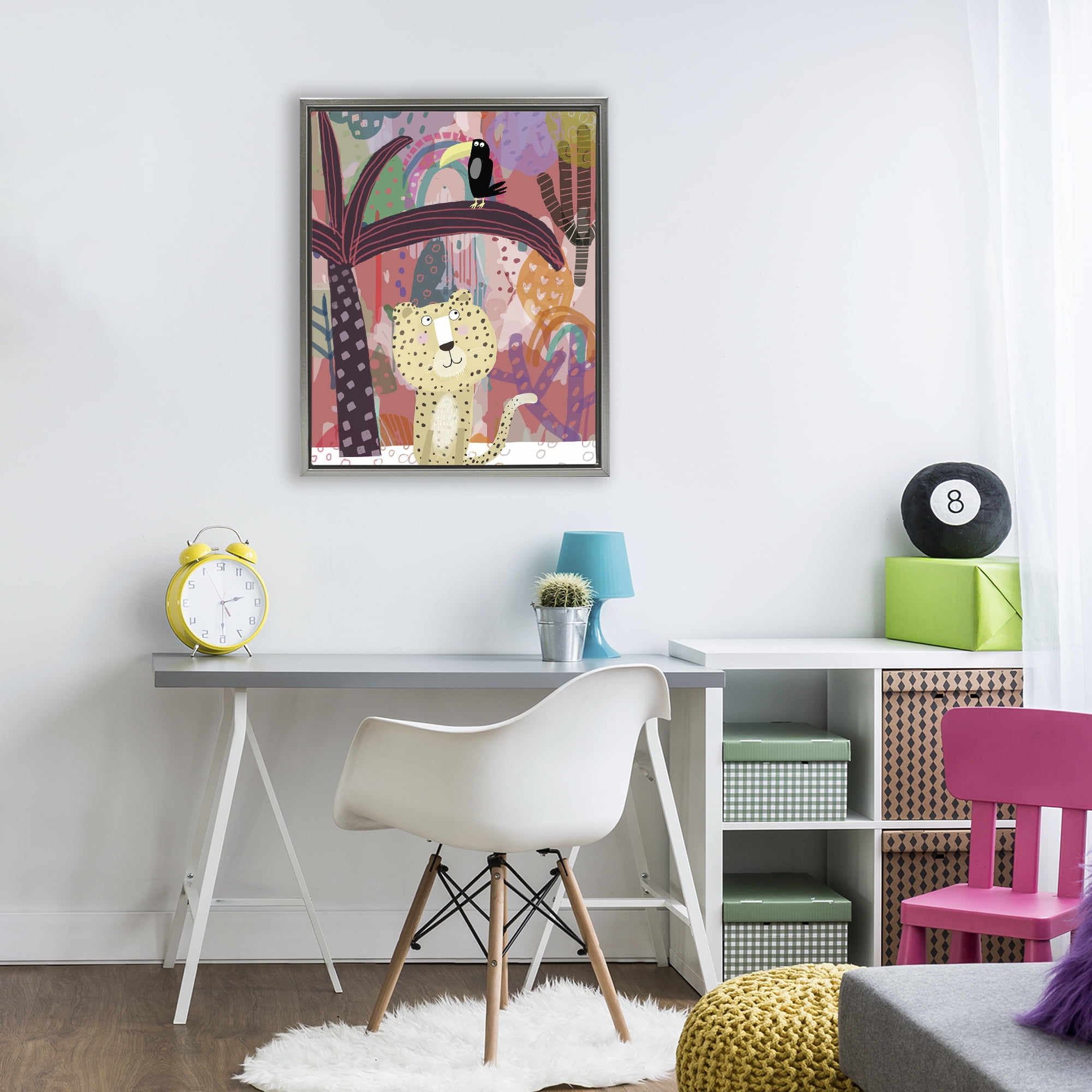Whimsical Cheetah & Toucan Gray Framed Floater Canvas Wall Art, design by Carla Daly