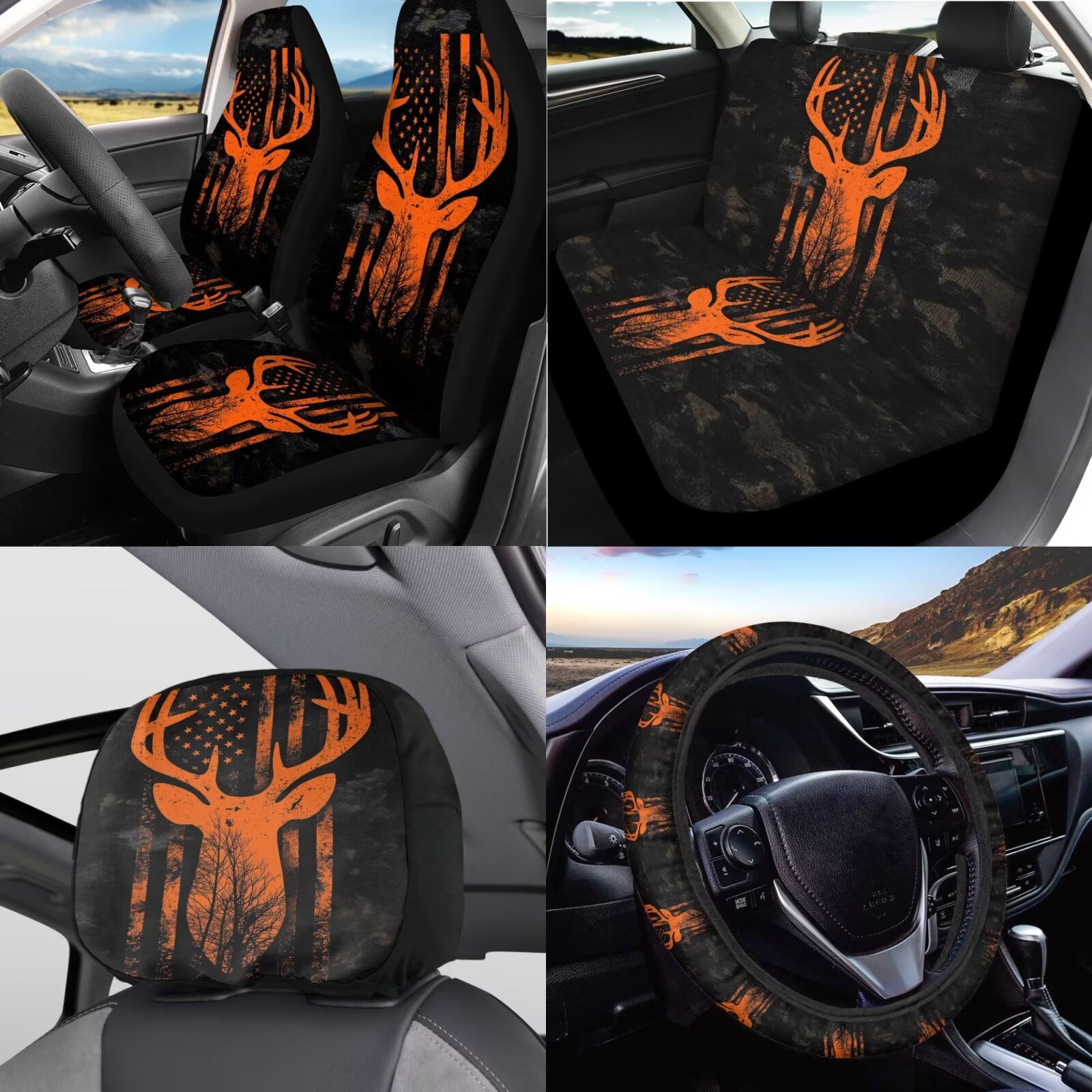 Garronmavis American Flag Camo Deer Car Seat Cover Full Set of 11pcs with Car Seat Headrest Cover+ Steering Wheel Cover+Auto Cup Pad+Handbrake and Gear Shift Knob Cover for Men Women