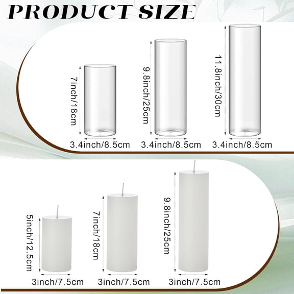 Set of 3 White Pillar Candles and Clear Glass Cylinder Vase Holders for Wedding Centerpieces Home Decor - 3.4" Diameter, Heights 7", 9.8", 11.8"