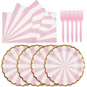 72 Pieces Blue Paper Plates and Napkins Party Supplies, Gold Foil Edge Scalloped Stripe Paper Plates Napkins Disposable Tableware Set for Birthday Wedding Baby Baptism Decorations