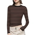 thumbnail image 2 of Aboser Striped Long Sleeve T Shirts for Women Y2k Clothes Slim Fit Basic Tees Casual Round Neck Tshirts Cozy Soft Undershirts Brown XL, 2 of 7
