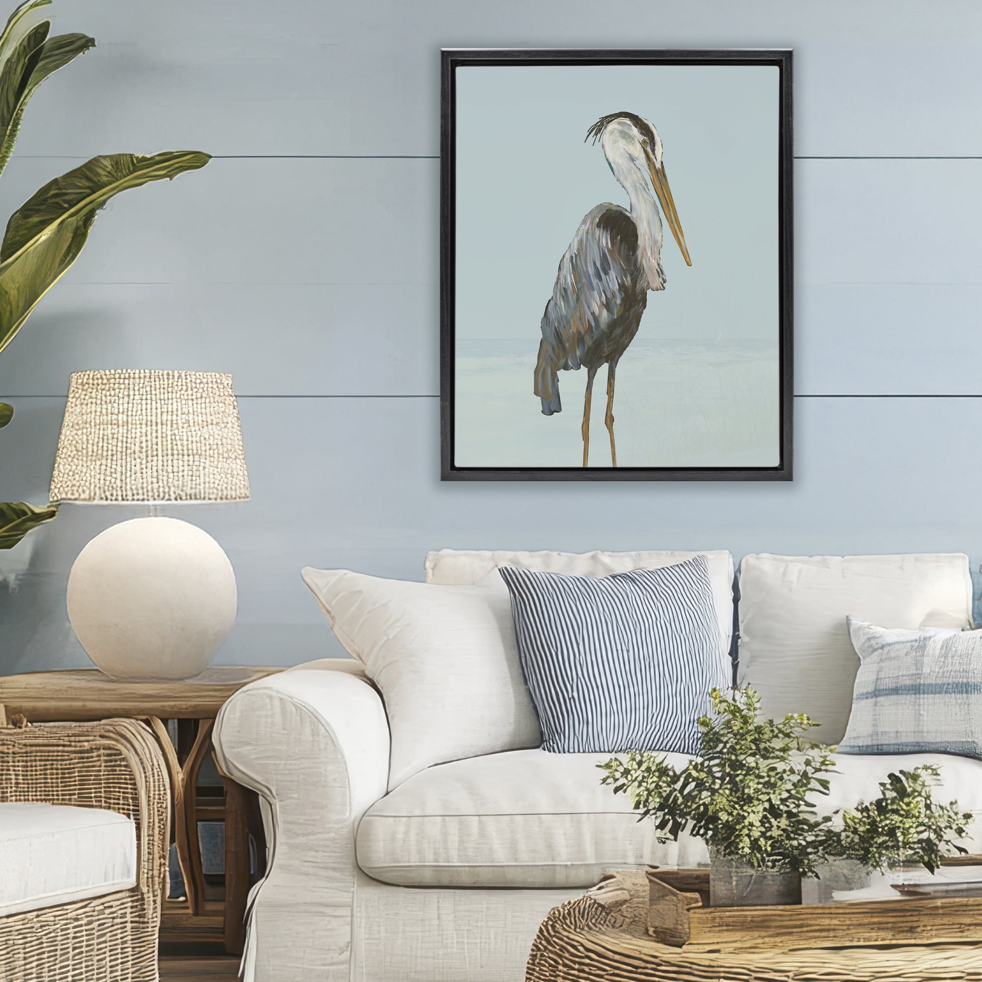 Stupell Industries Coastal Pelican Muted Blue Black Framed Floater Canvas Wall Art, design by Julie DeRice