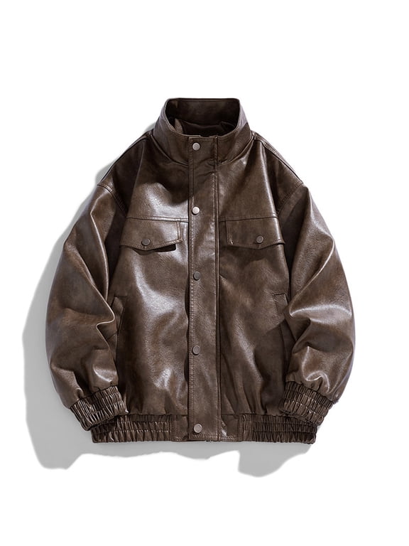 Men's Stand Collar Snap Placket Dual Chest Pocket Moto Jacket Ribbed Hem Relaxed Fit for Outdoor Sketching Urban Commutes Coffee L