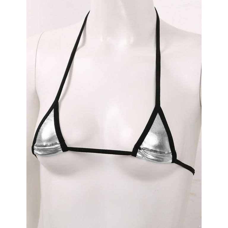 Yizyif Womens Mini Bikinis Set Shiny Metallic Bra Top with G-String Thong Exotic Lingerie Micro Swimsuit Silver One size, Women's, Black