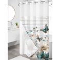 thumbnail image 3 of No Hook Shower Curtain with Snap-in Liner, Teal Tulip Butterfly Waterproof Fabric Bathroom Curtains, Beige Turquoise Floral Grey Wooden Bath Curtains & Mesh Top Window Stand Up Stall 36"x72", 3 of 9