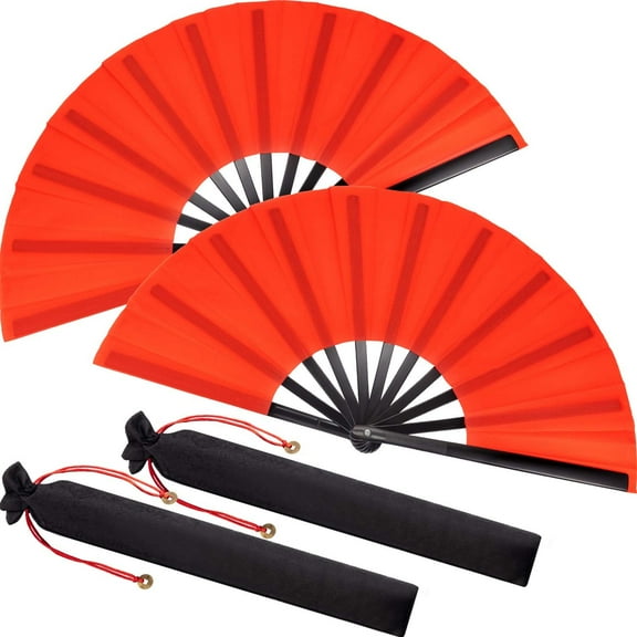 WuPing Large Silk Folding Fans for Line Dance Performance & Holiday Gifts - 2 Pack Red Decorative Chinese Tai Chi Hand Fans for Women Men