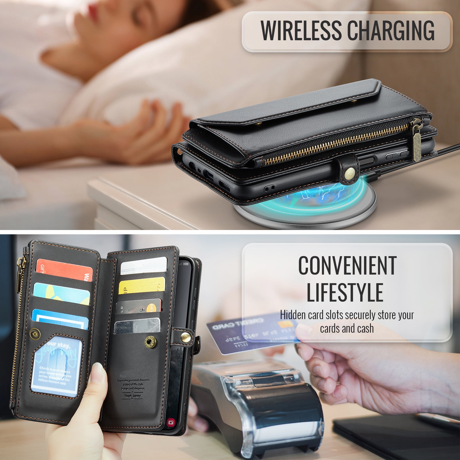 Compatible with Samsung Galaxy S25 Plus S25+ 5G Zipper Wallet Phone Case Tempered Glass Screen Protector Crossbody Lanyard Strap Flip Card Holder Slot Cell Cover for S25Plus 25S + S 25 Women Black