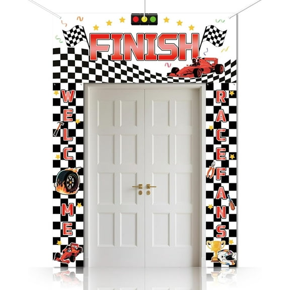 3 Pcs Race Car Birthday Party Decorations Porch Sign Banner Checkered Flags Racing Car Hanging Door Banner for Boys Photo Backdrop Baby Shower Party Supplies