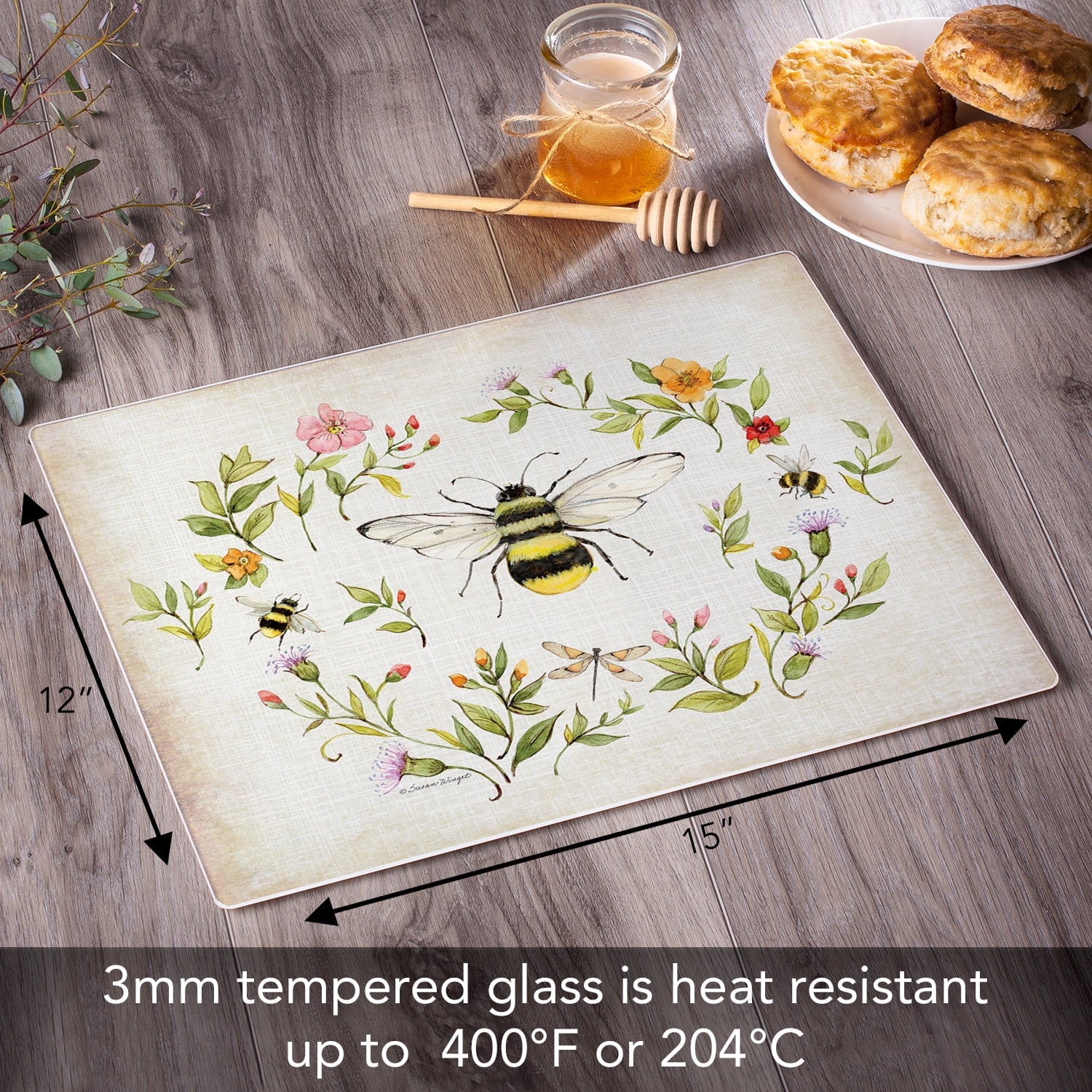 CounterArt Bee Wreath 3mm Tempered Glass Cutting Board 15" by 12"