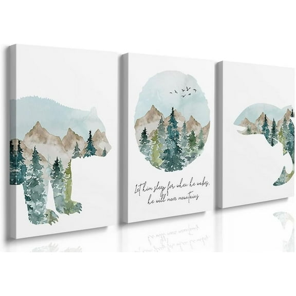 FTRUNCH Woodland Animals Posters Bear And Fish 12"x16" Framed Canvas Art Prints (Set of 3)