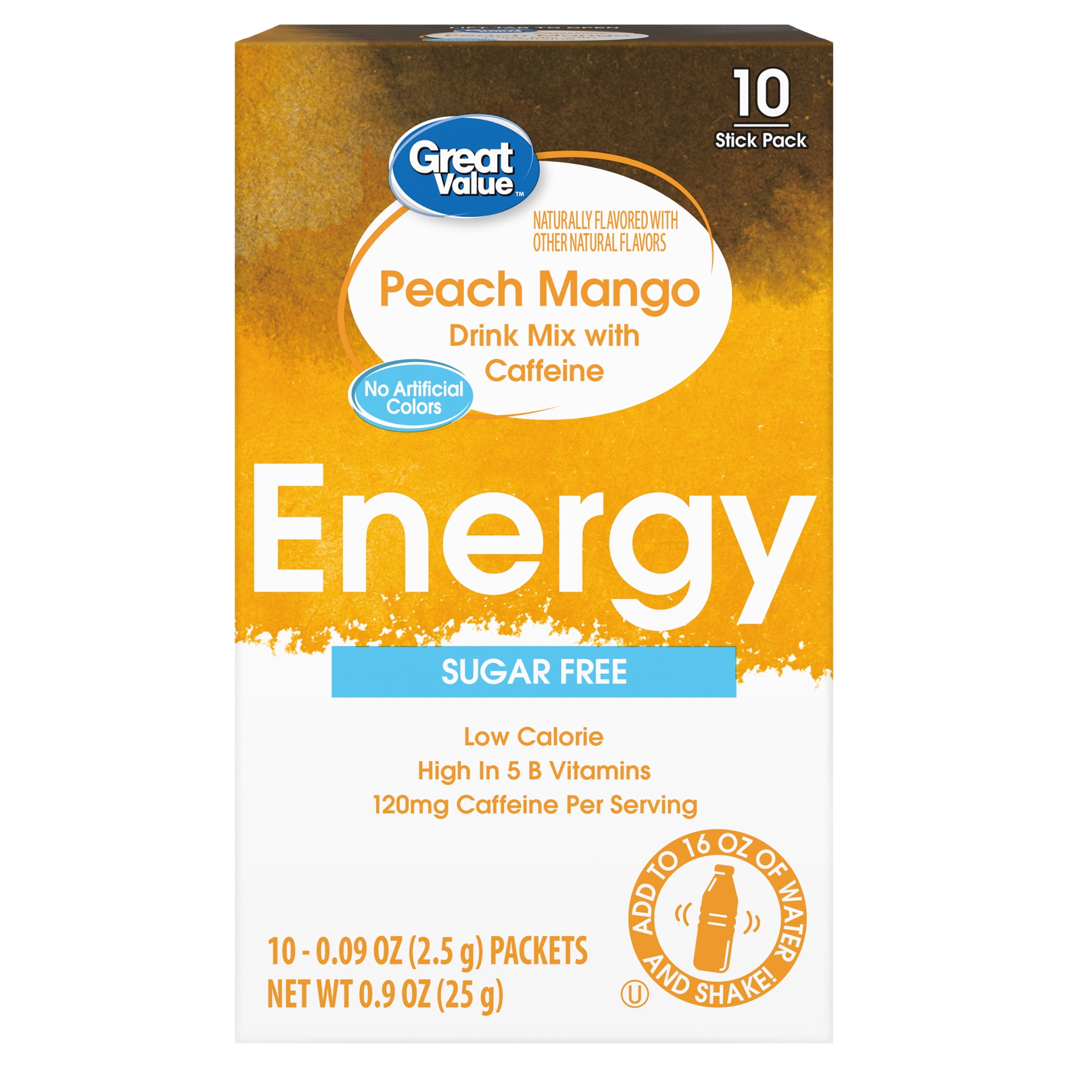 Great Value Energy Peach Mango Drink Mix Packets, Caffeinated, Sugar-Free, 10 Coun