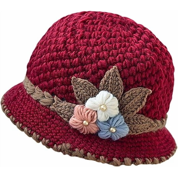 Womens Winter Floral Crochet Hat - Thick Warm French Style Beanie for Cold Weather(LR Red 1 PCS)