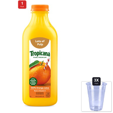 1 Pack | Tropicana Pure Premium 100% Orange Juice Original, Lots Of Pulp, No Sugar Added, 46 Fl Oz & 3x Disposable Cup
