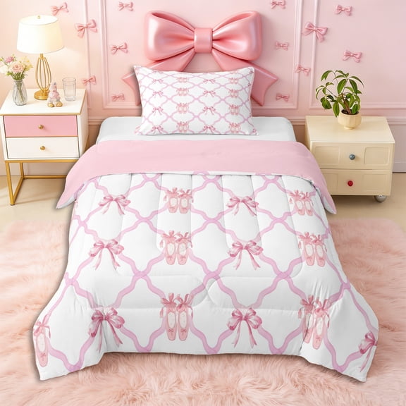 Erosebridal Teens Kawaii Ribbon Bow Twin Comforter Sets 3-Piece,Ballet Dance Bedding Set for Kids Girls,Pink Reversible,Breathable Home Decor