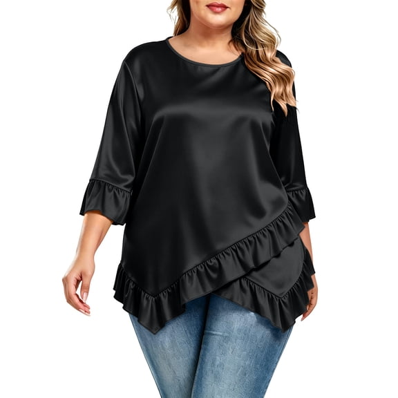Lmueinov Womens Satin Summer Tops Plus Size 3/4 Length Sleeve Ruffle Hem Shirts Crew Neck Solid Flowy Casual Trendy Fall Going Out Tops for Women S-5XL