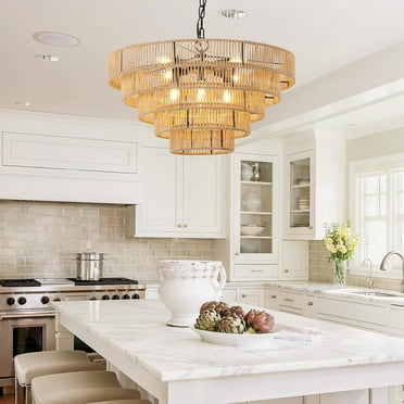 23.6 "Wicker pendant light Oversized rattan chandelier, 5-layer hand-woven basket Brass coast light fixture, kitchen island, dining room black chain adjustable E12*8 bulbs