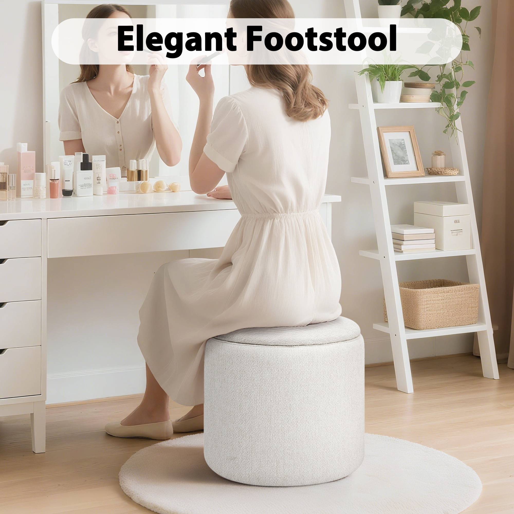 Aukfa 2-Piece Round Storage Ottoman Set,Chenille Coffee Table Footstool & Vanity Stool for Living Room/Bedroom/Entryway,Beige