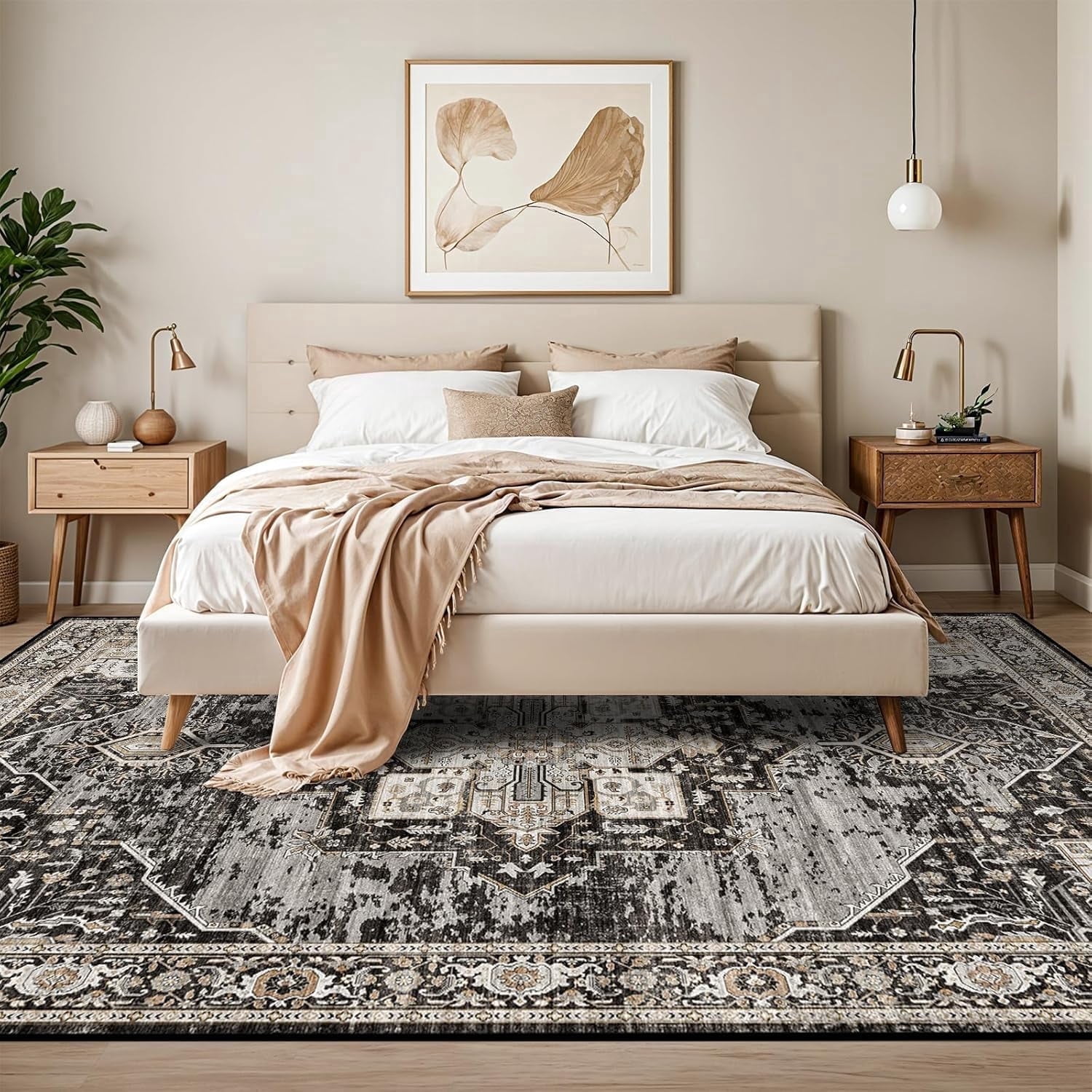 RUUGME Washable 10x14 Area Rug - Soft Area Rugs for Living Room Stain Resistant Carpet Vintage Lightweight Rugs for Bedroom with Non Slip Backing Indoor Ultra-Thin Rugs Home Decor 10x14 Black
